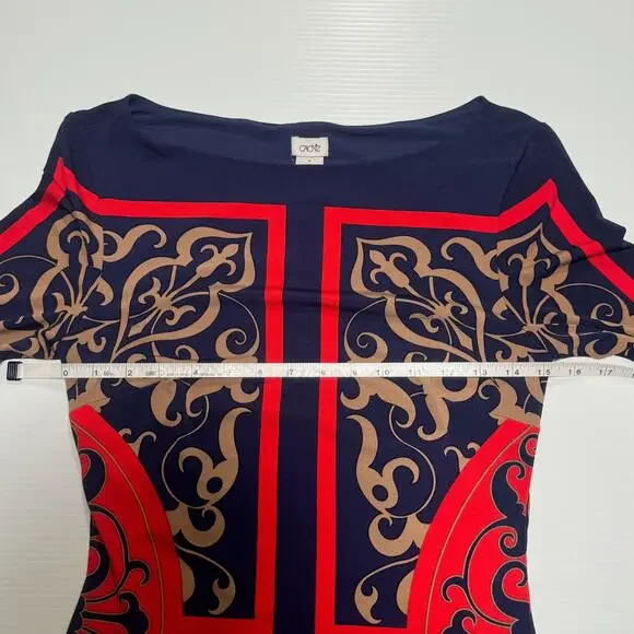 Cache Bodycon Sheath Dress Baroque Navy Red Women’s Medium Boat Neck Geometric - Picture 12 of 16